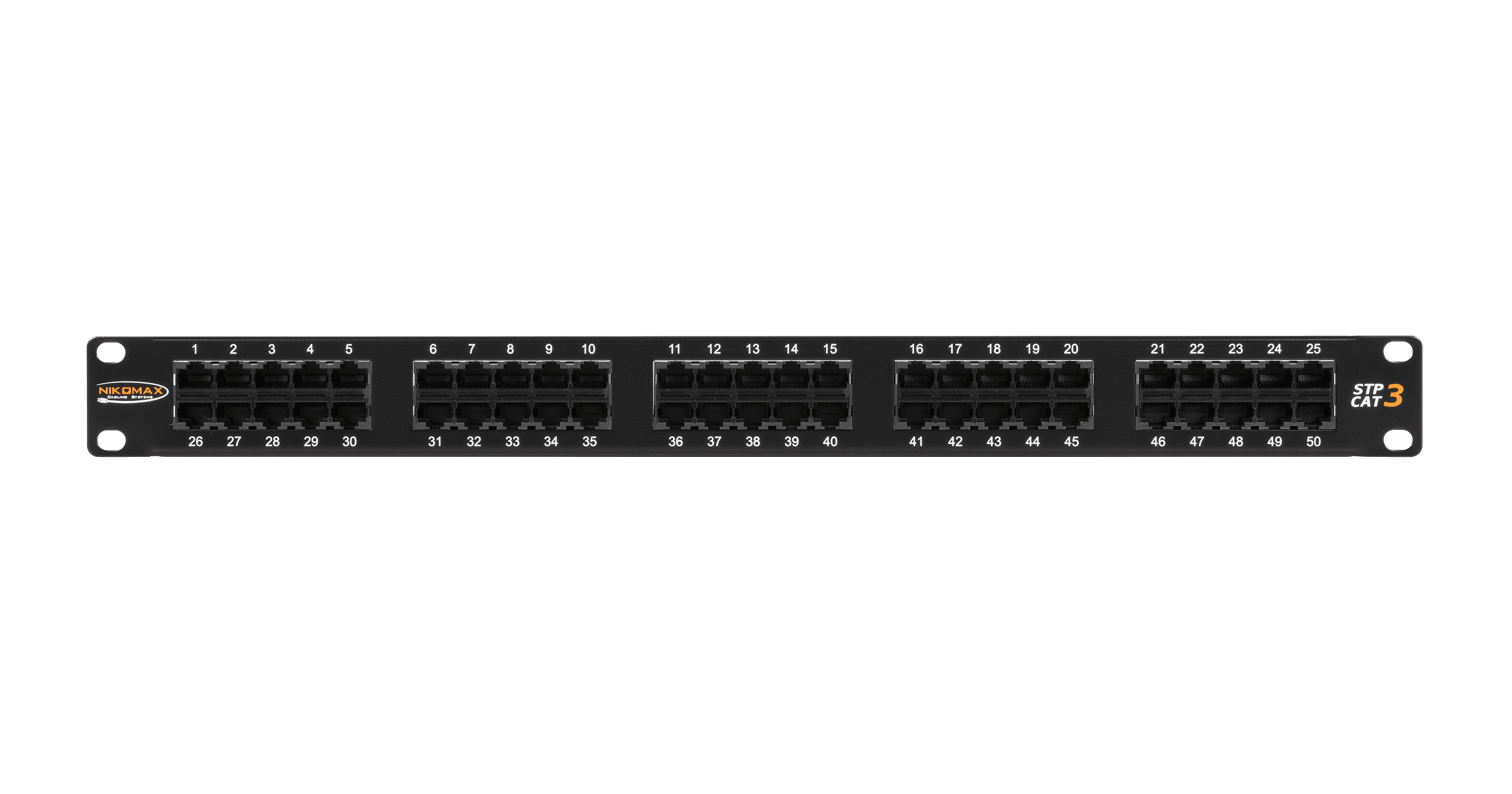 Коммутационная панель NIKOMAX 19", 1U, телефонная, 50 портов, Кат.3 (Класс C), 16МГц, RJ45/8P6C, 110/KRONE, с заземлением, с органайзером, черная