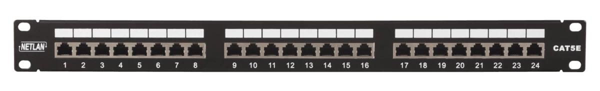 Коммутационная панель NETLAN 19", 1U, 24 порта, Кат.5e (Класс D), 100МГц, RJ45/8P8C, 110/KRONE, T568A/B, экранированная, черная